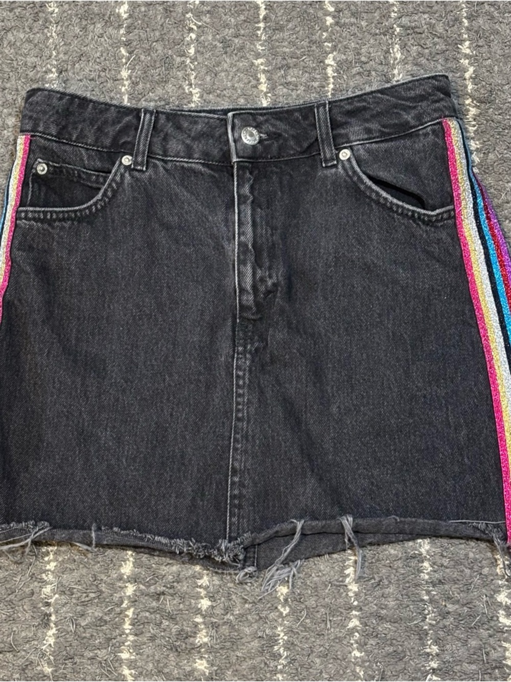 Topshop MOTO, Denim Mini Skirt Rainbow Glitter Stripe, Distressed  Jean, Size 6 - Picture 9 of 10